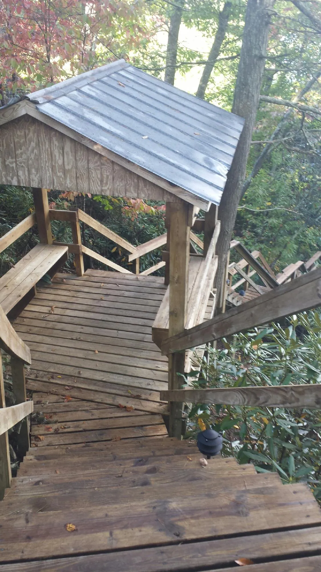 Metal roofed shelter over wooden steps on a wooded walkway — Skylight Repair & Installation work by our crew in Mc Dermott